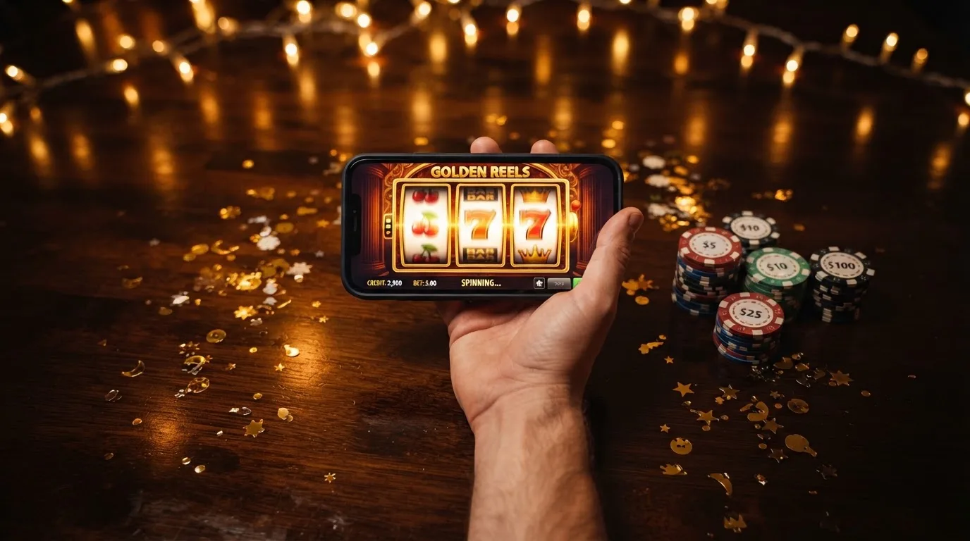En hand håller upp en smartphone med skärmen vänd nedåt bredvid glittrande konfetti och guldmynt på ett mörkt bord.